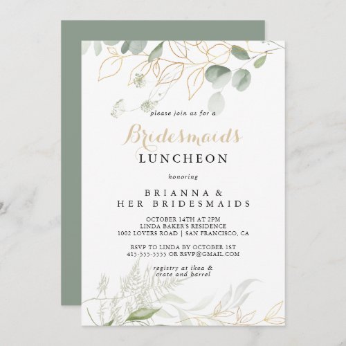 Gold Green Foliage Bridesmaids Luncheon Shower  Invitation
