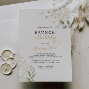 Gold Green Foliage Brunch and Bubbly Bridal Shower Invitation