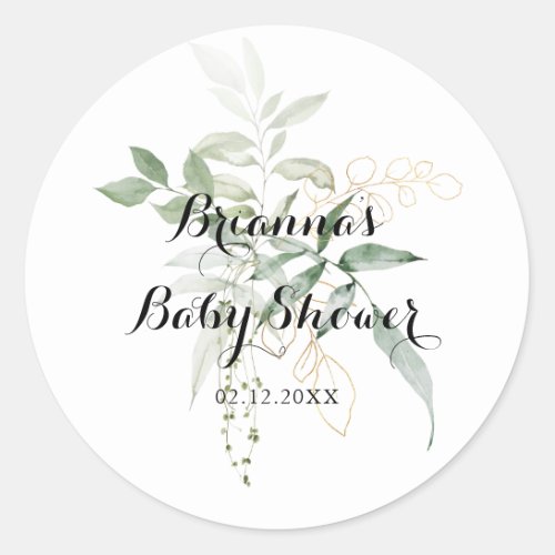 Gold Green Foliage Calligraphy Baby Shower Favor  Classic Round Sticker