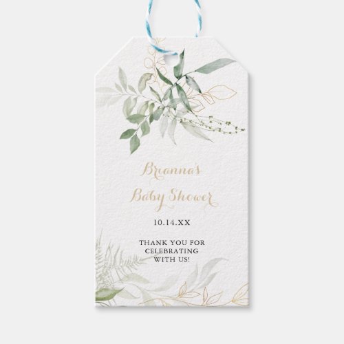 Gold Green Foliage Calligraphy Baby Shower  Gift Tags