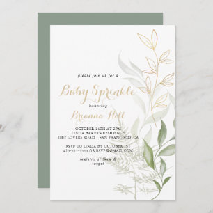 Gold Green Foliage Calligraphy Baby Sprinkle Invitation