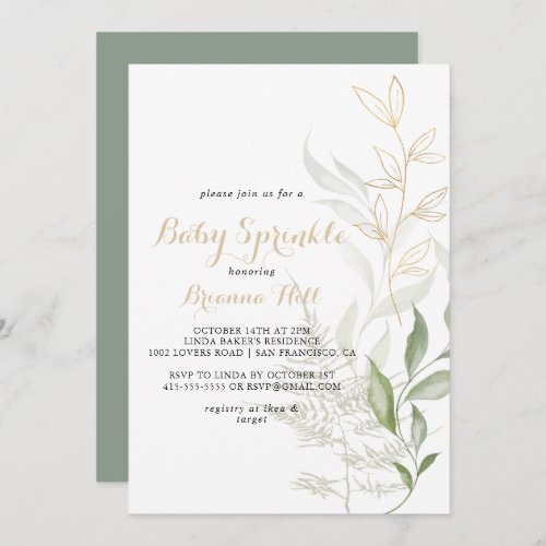 Gold Green Foliage Calligraphy Baby Sprinkle  Invitation