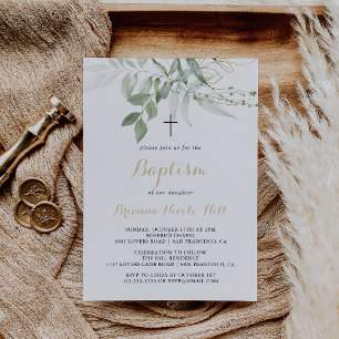 Gold Green Foliage Calligraphy Baptism  Invitation