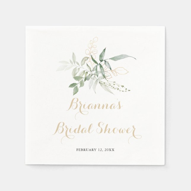 Gold Green Foliage Calligraphy Bridal Shower  Napkins (Front)