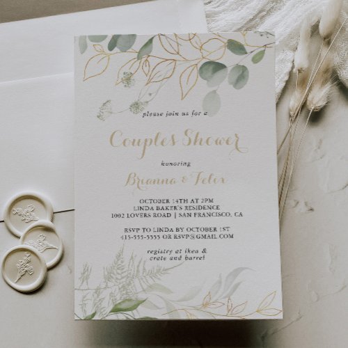 Gold Green Foliage Calligraphy Couples Shower  Invitation