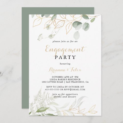 Gold Green Foliage Calligraphy Engagement Party  Invitation