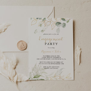 Gold Green Foliage Calligraphy Engagement Party Invitation