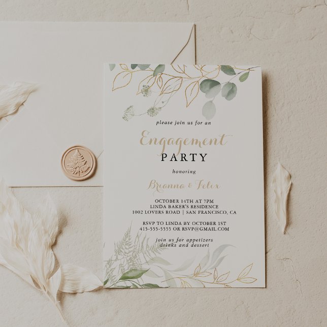 Gold Green Foliage Calligraphy Engagement Party  Invitation (Creator Uploaded)