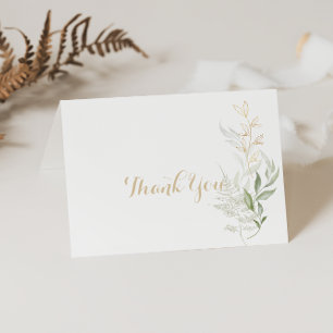 Gold Green Foliage Calligraphy Folded Wedding  Letterpress Thank You Card