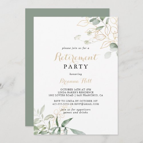 Gold Green Foliage Calligraphy Retirement Party  Invitation