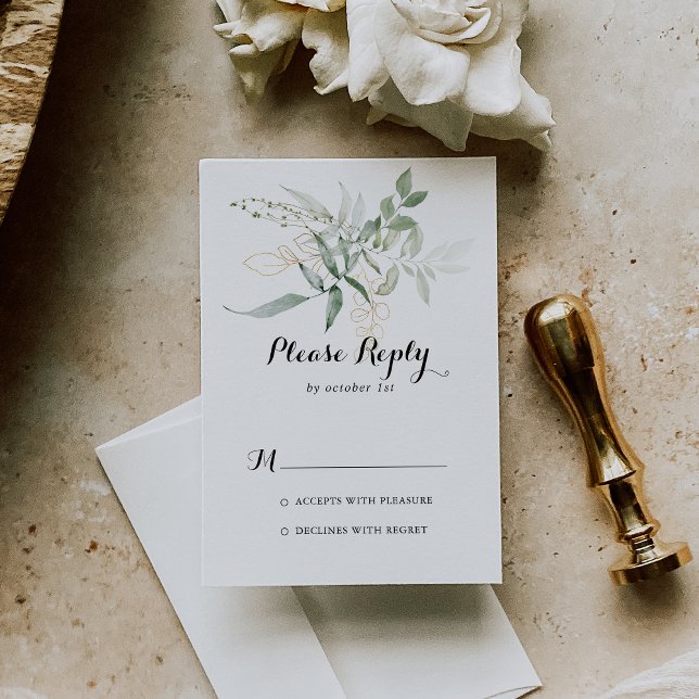 Gold Green Foliage Calligraphy RSVP Card (Creator Uploaded)