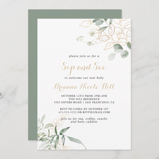 Gold Green Foliage Calligraphy Sip and See  Invitation (Front/Back)
