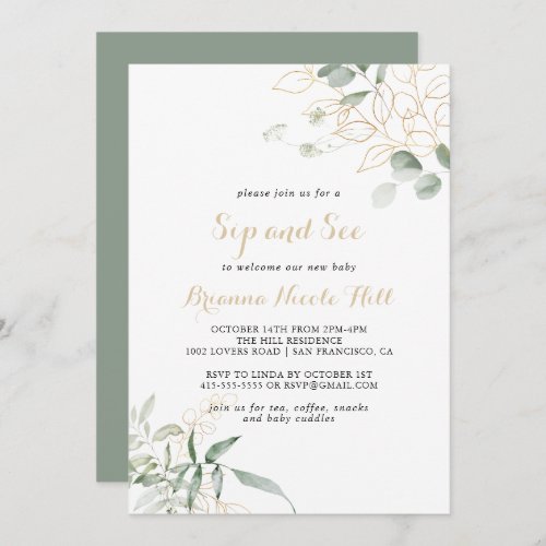 Gold Green Foliage Calligraphy Sip and See  Invitation