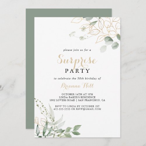 Gold Green Foliage Calligraphy Surprise Party  Invitation