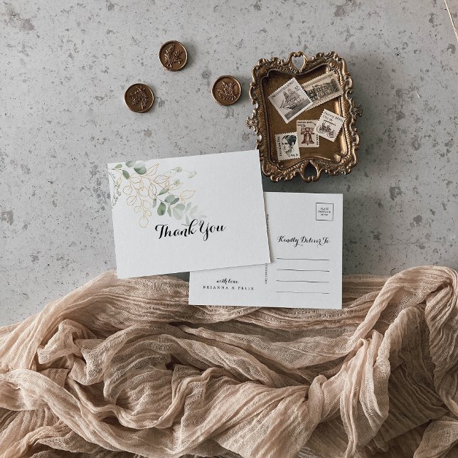 Gold Green Foliage Calligraphy Thank You Postcard (Creator Uploaded)