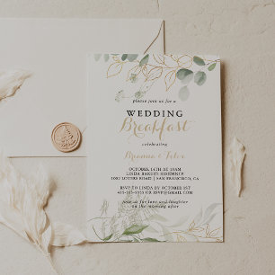 Gold Green Foliage Calligraphy Wedding Breakfast Invitation