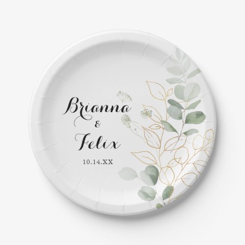 Gold Green Foliage Calligraphy Wedding Cake Paper Plate