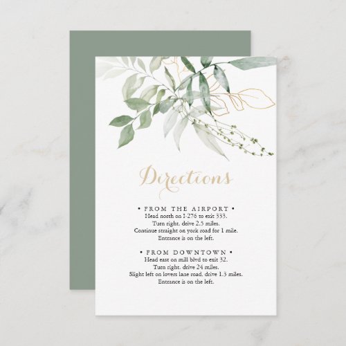 Gold Green Foliage Calligraphy Wedding Directions Enclosure Card
