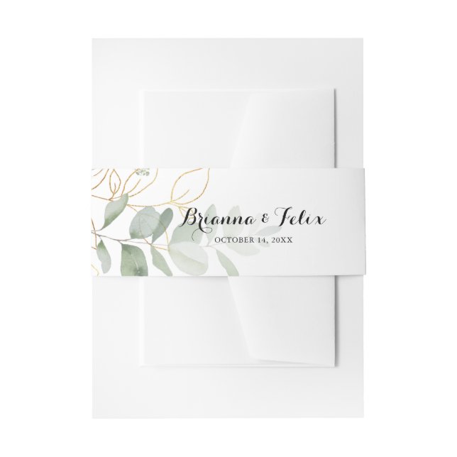 Gold Green Foliage Calligraphy Wedding  Invitation Belly Band (Front Example)