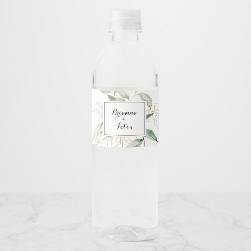 Gold Green Foliage Calligraphy Wedding Water Bottle Label