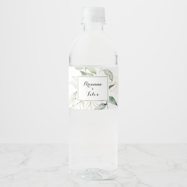 Gold Green Foliage Calligraphy Wedding  Water Bottle Label (Front)