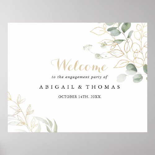 Gold Green Foliage Engagement Party Welcome Sign