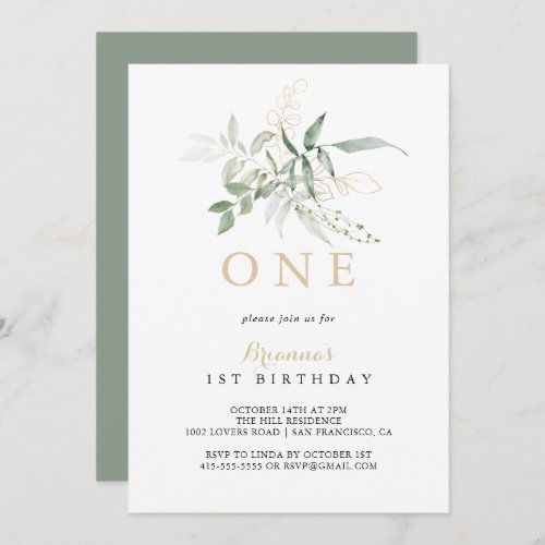 Gold Green Foliage First Birthday Party Invitation