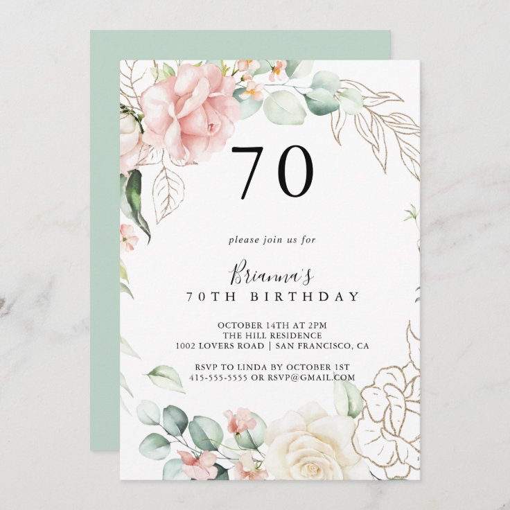 Gold Green Foliage Floral 70th Birthday Party Invitation | Zazzle