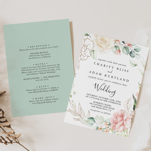 Gold Green Foliage Floral Front  Back Wedding Invitation