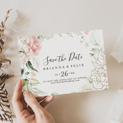 Gold Green Foliage Floral Horizontal Wedding Save The Date