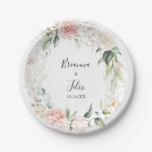 Gold Green Foliage Floral Wedding Cake Paper Plates