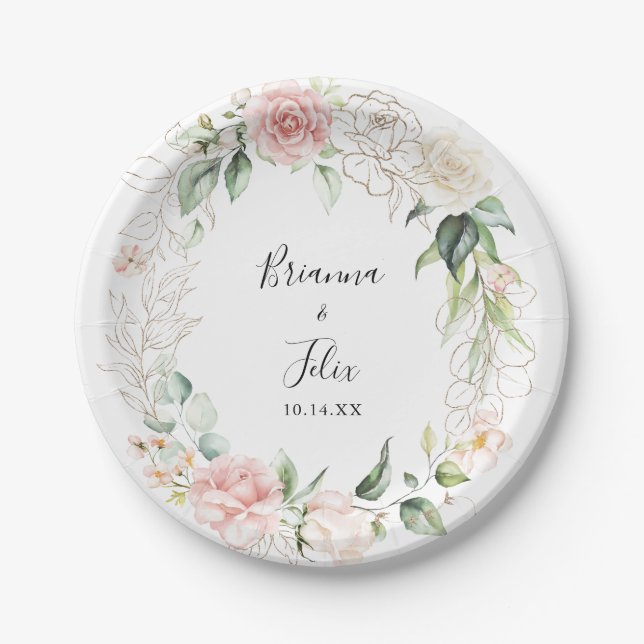 Gold Green Foliage Floral Wedding Cake Paper Plates (Front)