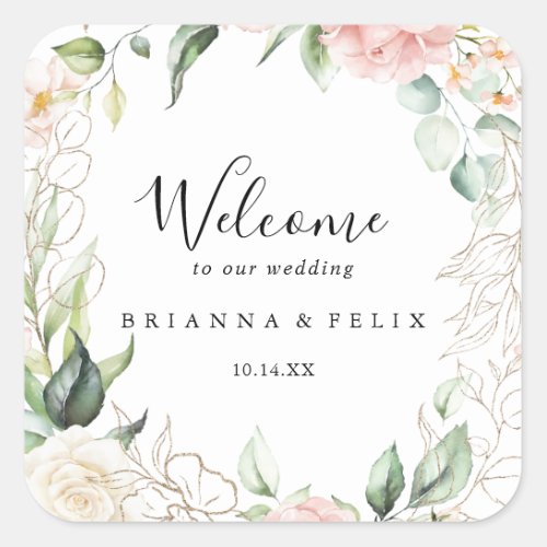 Gold Green Foliage Floral Wedding Welcome Square Sticker