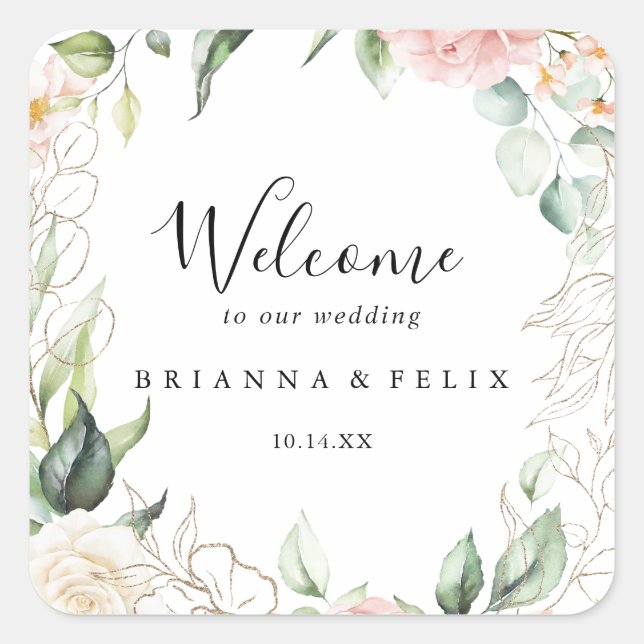 Gold Green Foliage Floral Wedding Welcome Square Sticker (Front)