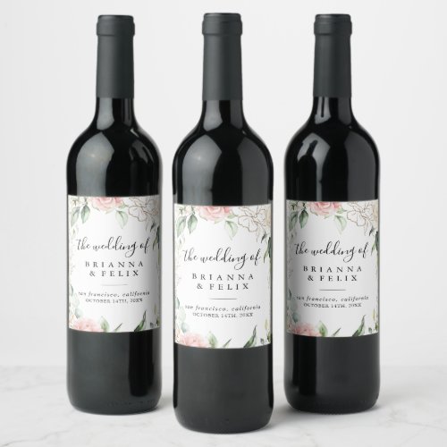 Gold Green Foliage Floral Wedding Wine Labels