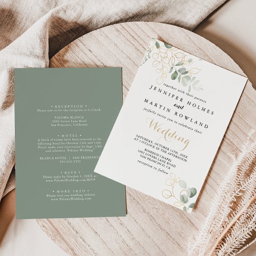 Gold Green Foliage Front  Back Wedding  Invitation