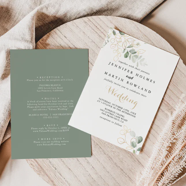 Gold Green Foliage Front & Back Wedding Invitation | Zazzle