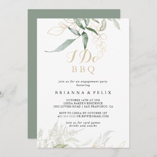 Gold Green Foliage I Do BBQ Engagement Party  Invitation