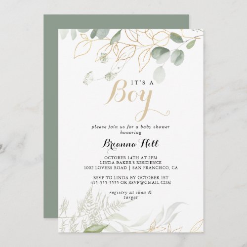 Gold Green Foliage Its A Boy Baby Shower  Invitation