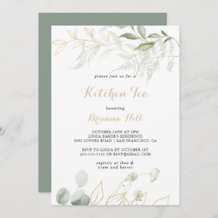 Gold Green Foliage Kitchen Tea Bridal Shower  Invitation