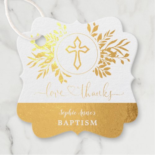Gold Green Foliage Love and Thanks Baptism Foil Favor Tags