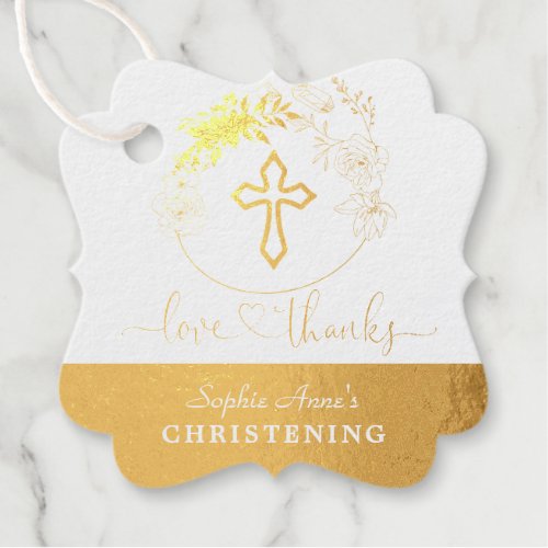 Gold Green Foliage Love and Thanks Christening Foil Favor Tags