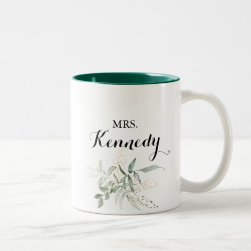 Gold Green Foliage Mrs Newlywed Bride  Two_Tone Coffee Mug