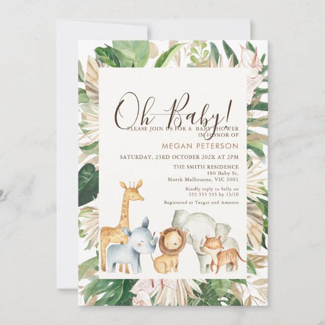 Gold Green Foliage Palm Safari Baby Shower Invitation (Front)