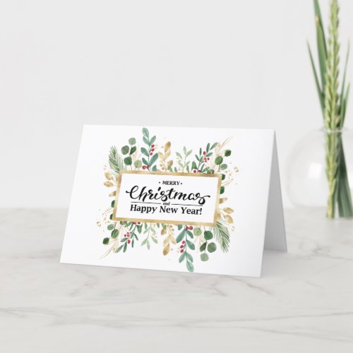 Gold Green Foliage  Red Berry Greeting Holiday Card