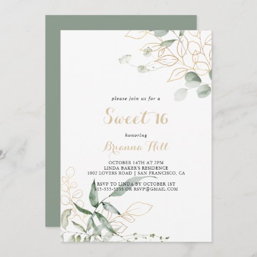 Gold Green Foliage Sweet 16 Birthday Party  Invitation