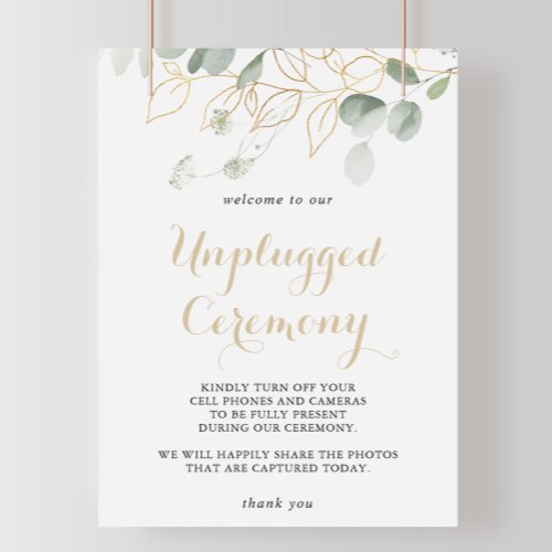 Gold Green Foliage Unplugged Ceremony Sign