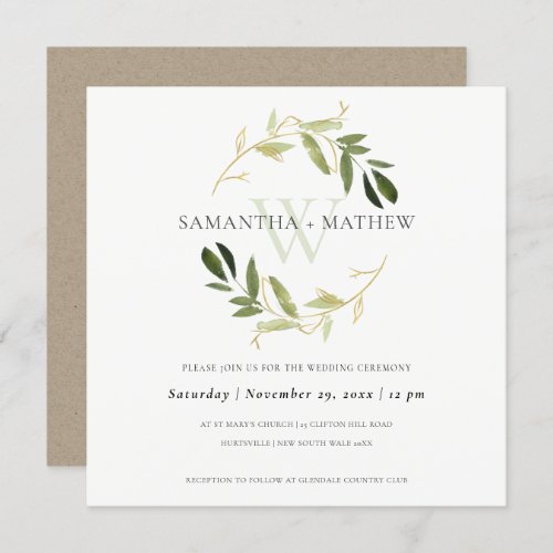 GOLD GREEN FOLIAGE WATERCOLOR WASH WREATH WEDDING INVITATION