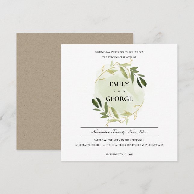 GOLD GREEN FOLIAGE WATERCOLOR WASH WREATH WEDDING INVITATION (Front/Back)
