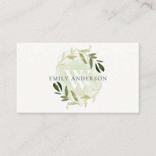 GOLD GREEN FOLIAGE WATERCOLOR WREATH PROFESSIONAL BUSINESS CARD